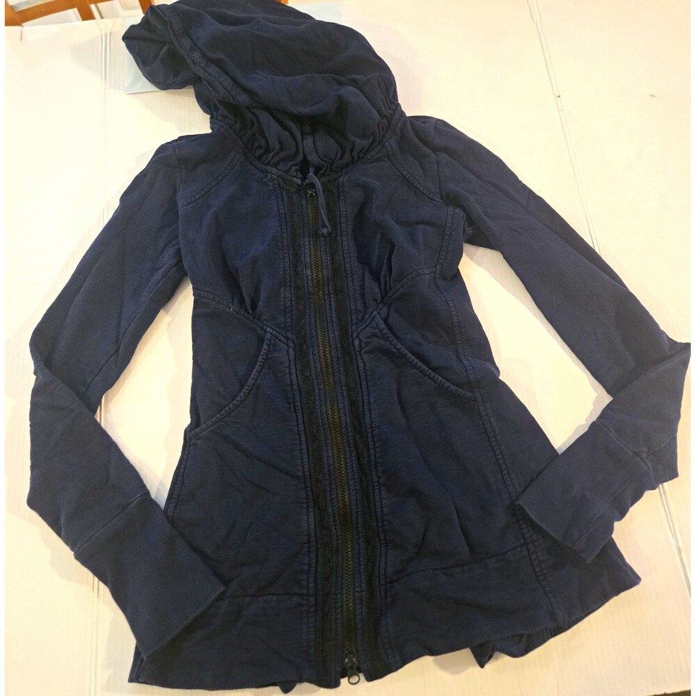 Prairie Underground Womens XS Navy Blue Organic Cotton Hooded Zip Jacket USA